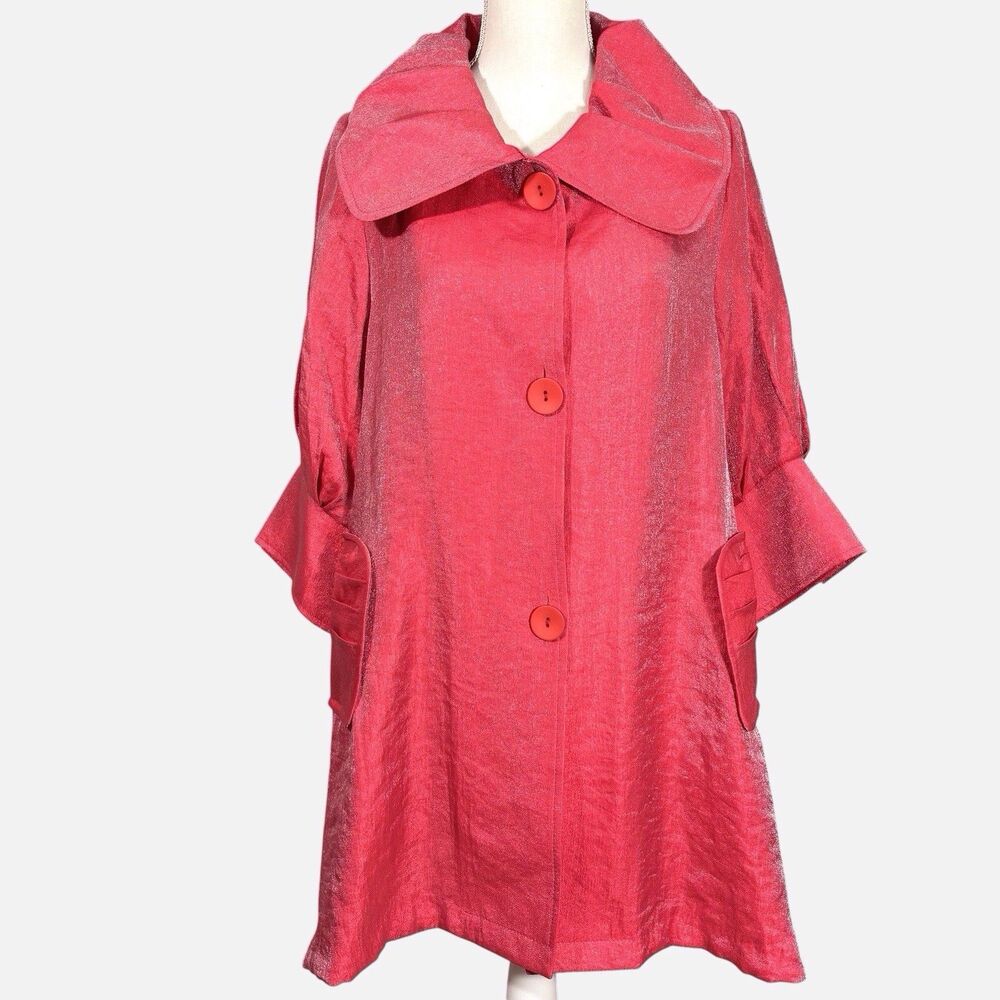 Damee Inc Red Shimmer Swing Jacket Sz Large Crinkle Puffy Collar Artsy Lagenlook